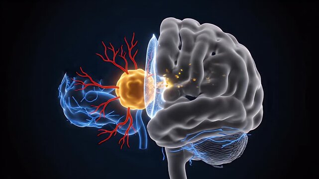 Brain Tumor Growth and Treatment Concept with Targeted Therapy in a 3D Animation for Educational and Research Purposes Highlighting Neurological Health and Disease Mechanisms on Dark Background