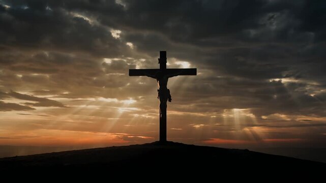 Crucifixion silhouette on hilltop at dramatic sunset with divine light rays breaking through storm clouds, Christian faith and redemption concept for Easter and spiritual worship