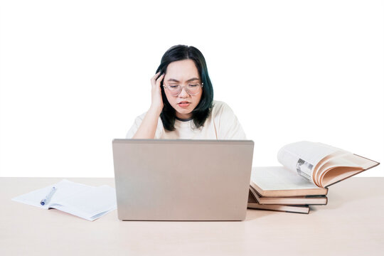 Stressed Asian Female Student Frustrated by Difficult Online Exam or Study