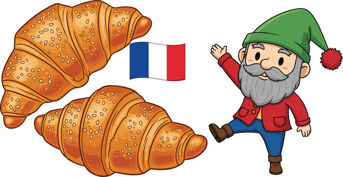 French croissants bakery food with France flag and cute gnome character cartoon vector illustration set isolated design elements collection