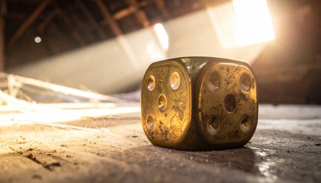 Vintage tarnished brass dice resting on a dusty attic floor, bathed in ethereal sunlight beams, evoking a sense of lost time and forgotten games.