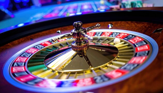 Close-up of a casino roulette wheel with the ball spinning rapidly in motion blur, capturing the excitement of a fast-paced game of chance.