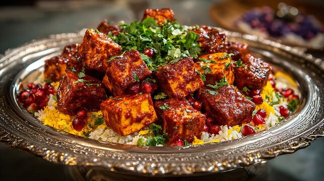 A delicious serving of paneer tikka masala garnished with fresh herbs and pomegranate seeds on a decorative silver platter