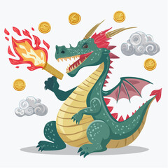 Fototapeta premium Cheerful Green Dragon Character Holding Torch Blowing Fire with Gold Coins and Clouds, Flat Illustration