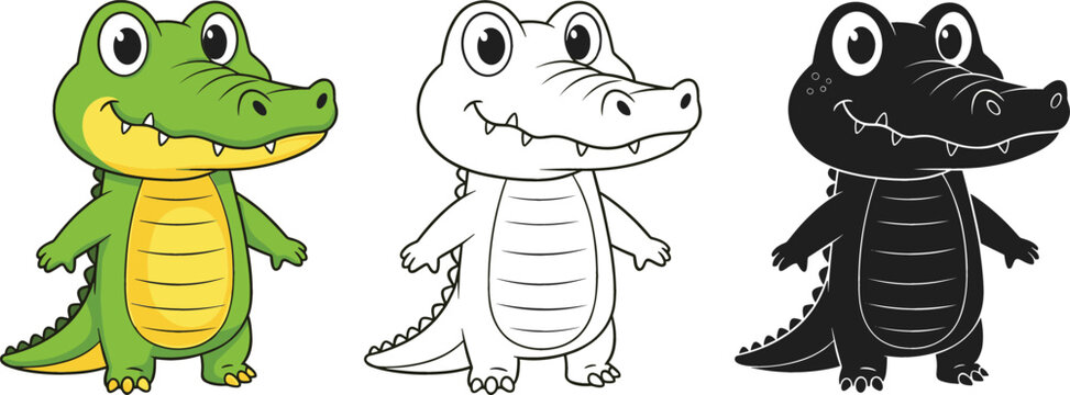 Cute crocodile cartoon character set colored outline and silhouette alligator vector illustration isolated animal design for kids