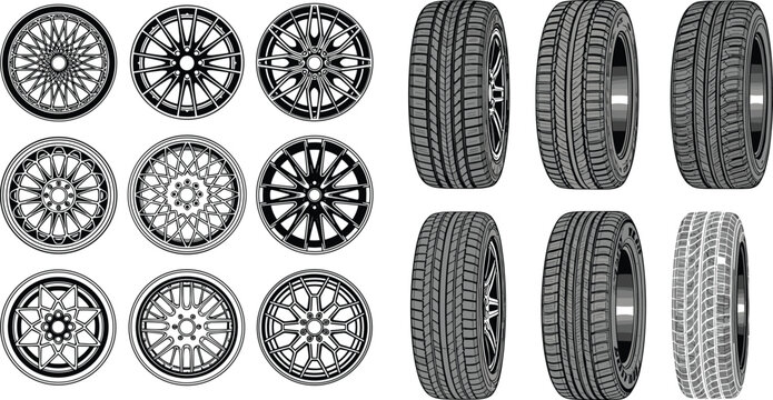 Detailed car wheel and tire vector set featuring alloy rims, tread patterns and automotive wheels in realistic monochrome style illustration