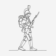 Obraz premium Continuous Line Drawing of a Soldier in Uniform with Rifle and Backpack, Marching
