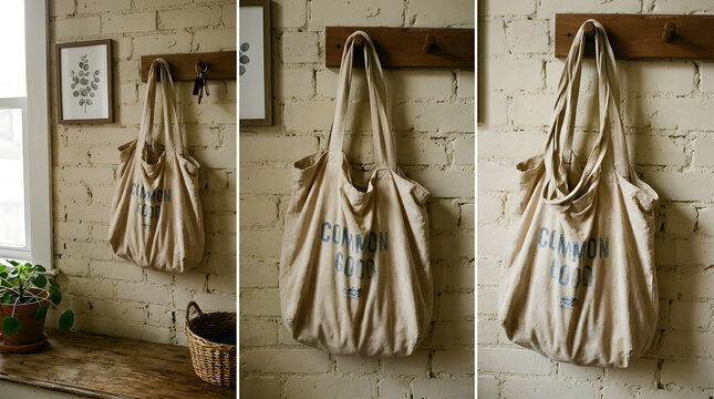 A beige canvas tote bag hangs on a wooden hook against a white brick wall