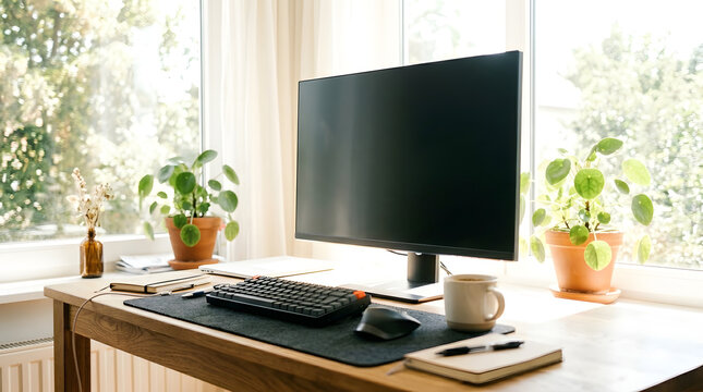 A well-organized home office workspace with a computer and plants