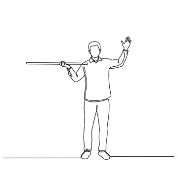 Man with measuring stick waving hello, continuous line drawing