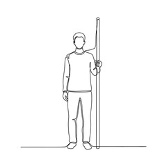 Fototapeta premium Man holding a tall measuring stick, one line drawing, minimalist illustration