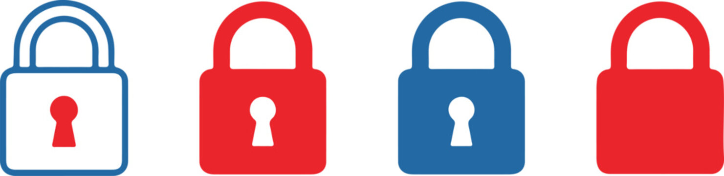 A set of four padlock icons in red and blue