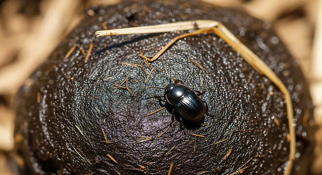 A small, shiny black beetle crawls on a moist mound of animal dung with embedded dry grass.