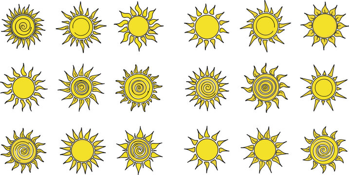 Hand drawn sun vector set with decorative sun shapes, spiral centers and radiant rays in playful cartoon doodle style illustration