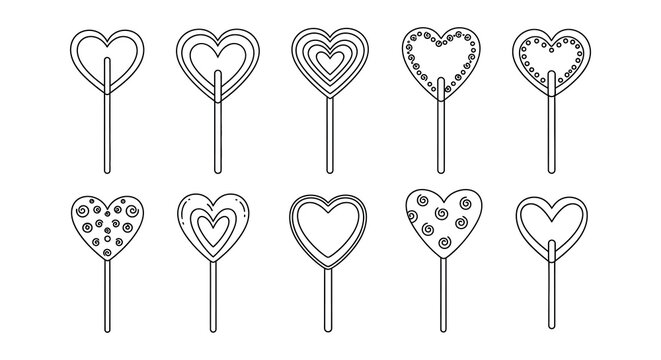 Collection of decorative heart shaped lollipops in a linear style