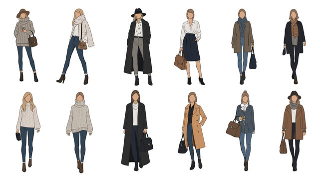 Fashion illustration set of women wearing various stylish autumn and winter outfits including coats, sweaters, and boots.