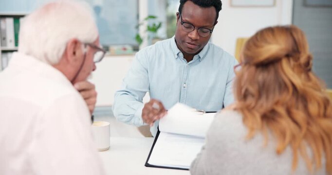 Documents, meeting and businessman with senior couple in office for finance contract with retirement. Application form, discussion and financial advisor with elderly clients for investment paperwork.