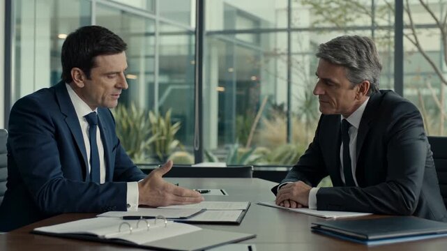 Two mature businessmen in suits discussing contract documents at a conference table in a modern glass office, corporate negotiation and professional partnership for business deal and executive meeting