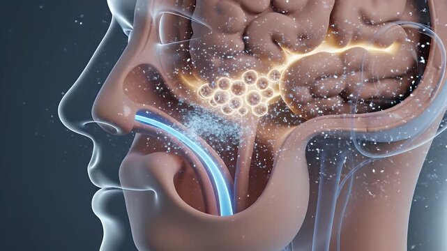 CGI depiction of retronasal olfaction illustrating odorant molecule perception and taste linkage in the human nasal cavity brain and oral pharynx for healthcare education and medical research