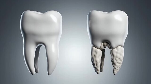 CGI Incisor Tooth Anatomy Comparison Featuring Healthy Dental Structure Versus Periodontal Disease on a Neutral Gray Background for Educational and Healthcare Presentations