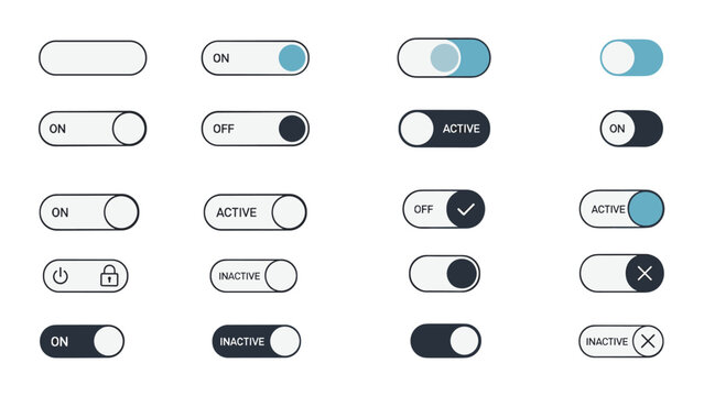 Modern user interface toggle switch collection featuring various states like on, off, active, and inactive in flat style.