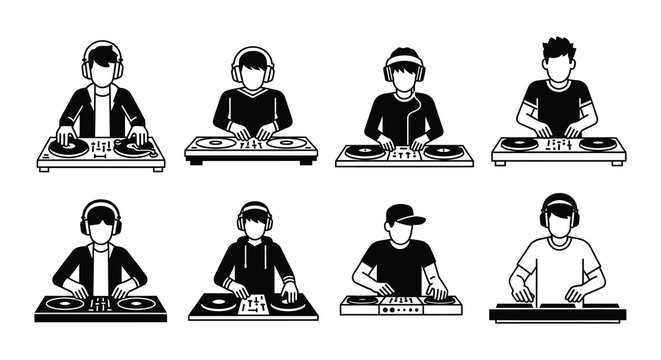 Diverse group of djs performing with turntables and mixing consoles