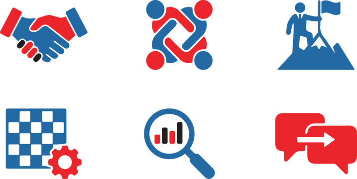 Collection of business and teamwork icons in red and blue colors
