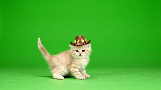 Cute kitten wearing cowboy hat on green screen background