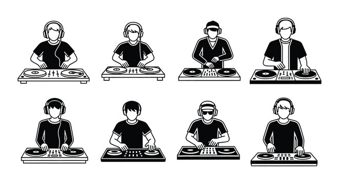 Diverse group of djs performing with turntables and mixing consoles