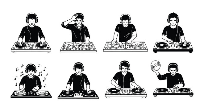 Diverse group of djs performing with turntables and mixing consoles