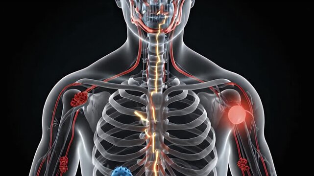 CGI Medical Animation of Spinal Cord Neurons and Blood Vessels With Animated Blue Pathogens and Red Inflammation Signals
