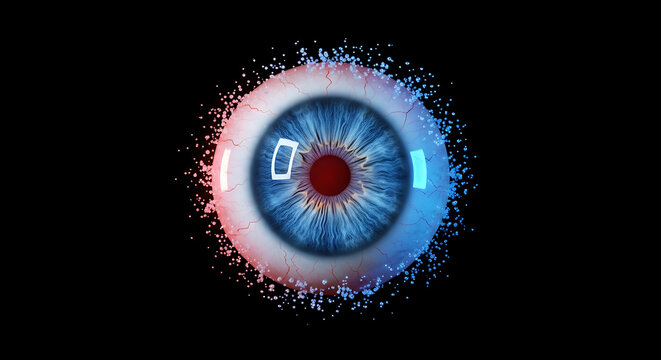 Digital eye with data stream, binary code, and glowing particles, representing futuristic technology and artificial intelligence, artificial vision