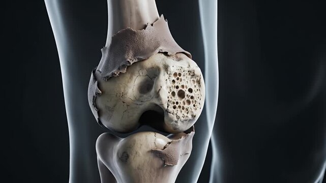 CGI Medical Visualization of Knee Joint Degeneration Showing Cartilage Erosion and Bone Spur Formation for Healthcare Education and Scientific Research Presentation
