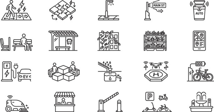 Minimalist smart city infrastructure icons set kinetic pavements solar bus stops EV charging urban design black line vector illustration