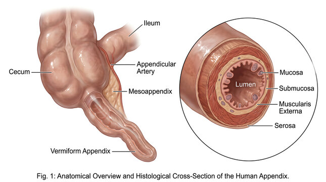 Anatomical overview of the human vermiform appendix with zoomed histological cross‑section illustrating mucosa, submucosa, muscularis externa and serosa layers plus lumen, mesoappendix and appendicula