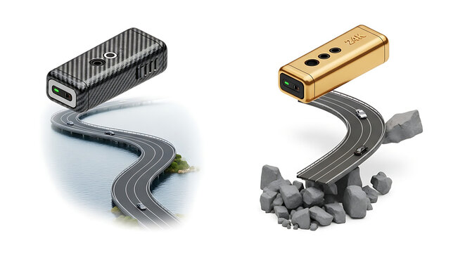 Digital power bank with integrated USB ports connected by a winding road over water and a broken rocky path, representing connectivity and challenges