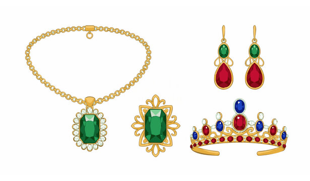 Luxury gold jewelry set with emerald ruby sapphire necklace earrings brooch and royal diadem vector illustration