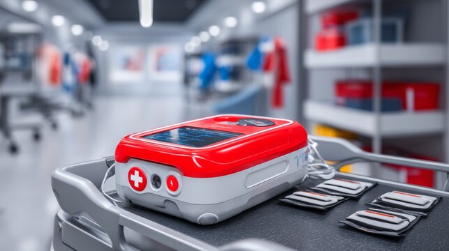 Bright Red Defibrillator Device with Electrode Pads on Medical Cart