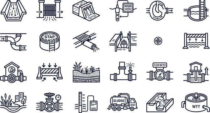 Urban water management vector icons set, rainwater canals, drainage systems, pumps, filtration, flood control, treatment tanks, hydraulic CAD symbols