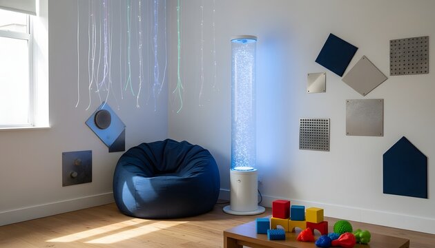 A colorful sensory room for autism therapy and awareness featuring a blue bubble tube, beanbag, and fiber optic lights, designed for neurodiversity and development concept
