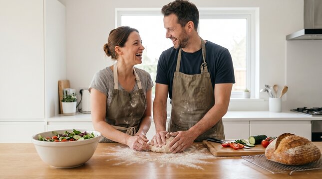 A happy couple baking bread together in a modern kitchen with a salad