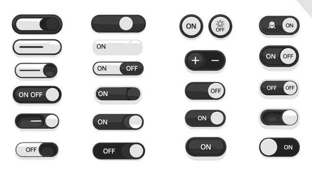Collection of dark mode user interface elements including toggle switches, radio buttons, and slider controls in black and white.