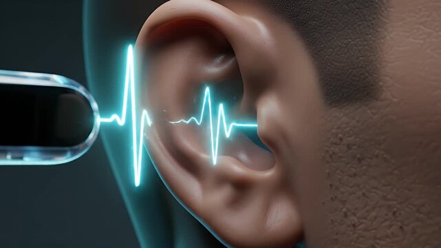 CGI Representation of the Human Ear and Auricle with a Glowing Cyan Signal Entering the External Auditory Canal from a Smart Device for Educational and Healthcare Technology Presentations on a Dark