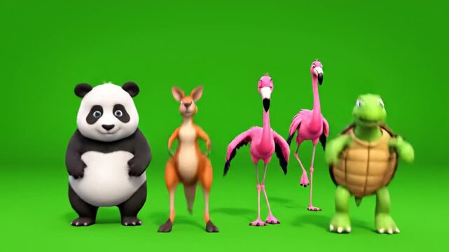 Funny cartoon animals dancing on green screen background