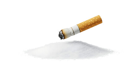 Obraz premium Discarded cigarette butt resting on a pile of white powder, symbolizing addiction and harmful habits