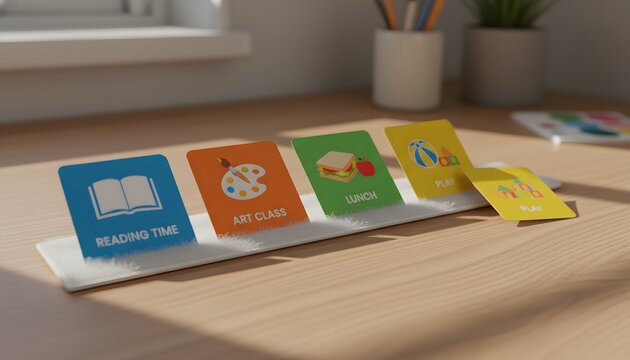 Structured visual schedule for autistic student on a wooden desk featuring cards for reading, art, and lunch for an autism awareness and neurodiversity support concept