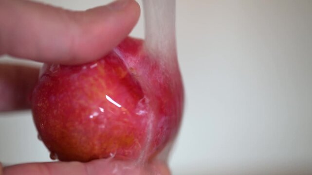 Video of hand washes a plum under a jet of fresh water