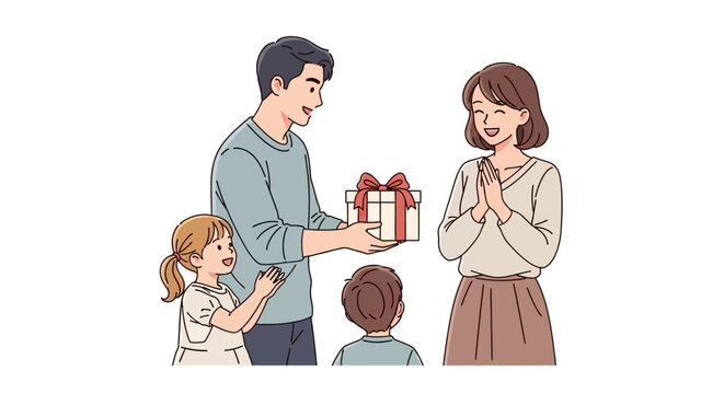 Cartoon illustration of a family celebrating, with the father giving a wrapped gift with a red bow to the smiling mother as their two kids watch in an illustration against a clean white