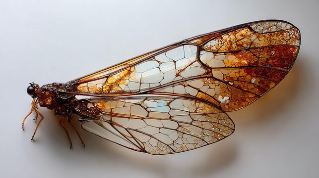 A close-up photograph of a cicada with transparent wings on a white background
