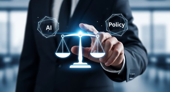 Businessman touching glowing law scales icon with AI and policy document symbols. Concept of artificial intelligence governance, digital ethics, legal compliance, and corporate regulations.